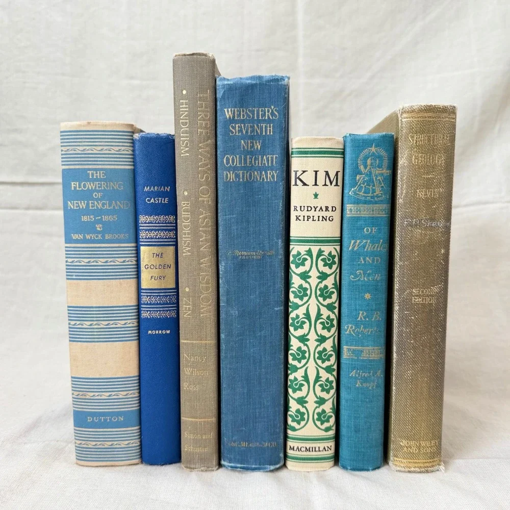 Vintage Blue and Neutral Decorative Book Bundle Set of 7 Hardcover Books Decor